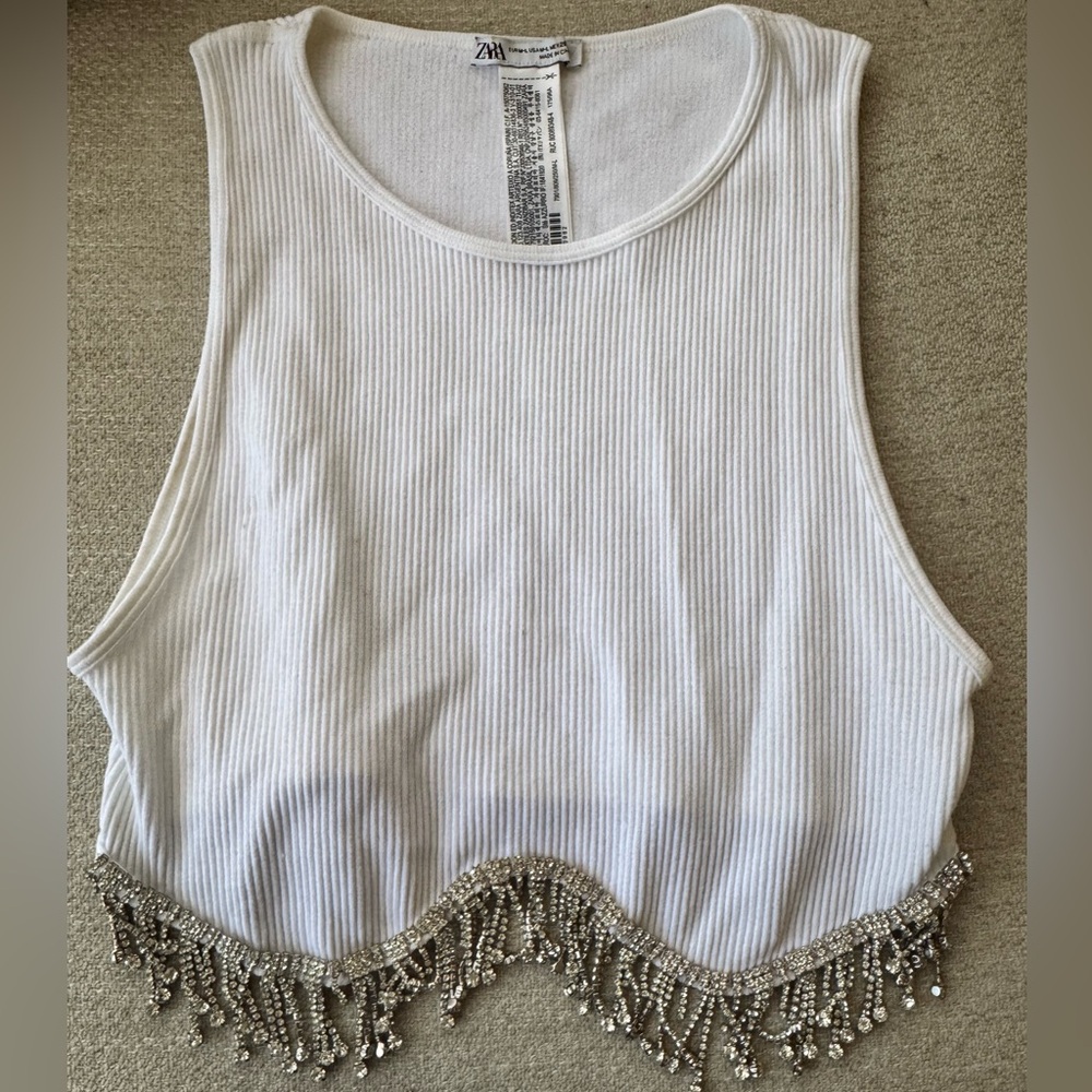 Zara White Ribbed Tank Top with Silver Beaded Fringe